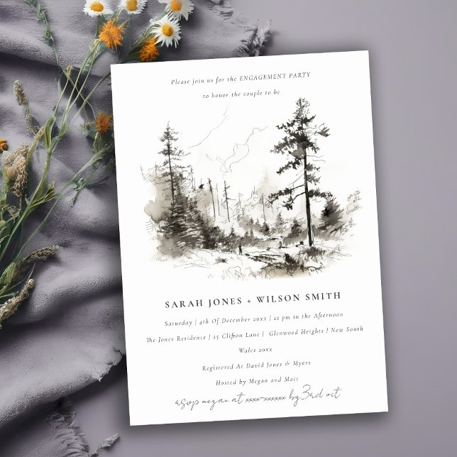 Pine Woods Mountain Landscape Sketch Engagement Invitation (Creator Uploaded)