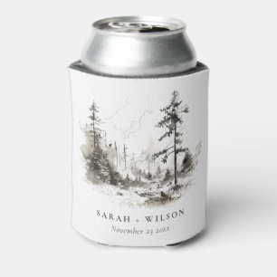 Pine Woods Mountain Landscape Sketch Wedding Can Cooler