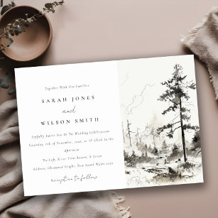 Pine Woods Mountain Landscape Sketch Wedding Invitation