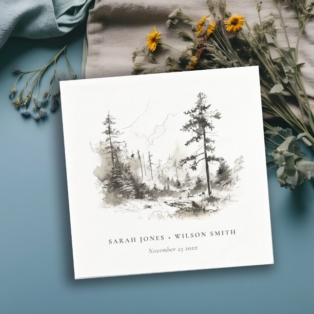 Pine Woods Mountain Landscape Sketch Wedding Napkin (Creator Uploaded)