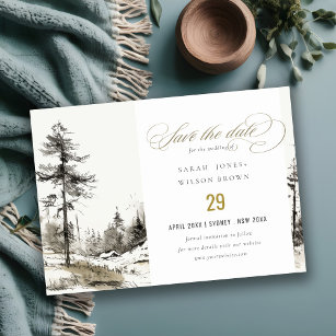 Pine Woods Mountain Landscape Sketch Wedding Save The Date