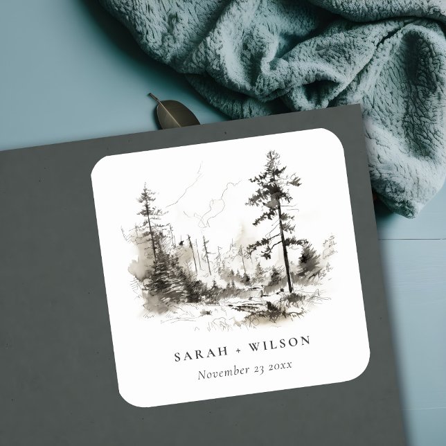 Pine Woods Mountain Landscape Sketch Wedding Square Sticker (Creator Uploaded)