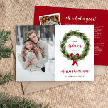 Pine Wreath 3 Photo | Christmas Letter Holiday Card<br><div class="desc">Affordable custom printed holiday photo cards with a simple template for customisation. This modern minimalist design features a wreath of pine branches and pine cones with a red bow on a white background. Add your personal Christmas letter and additional photos on the reverse side. Use the design tools to customise...</div>
