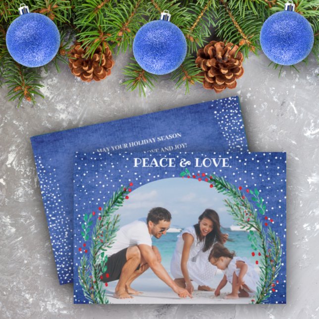 Pine Wreath Blue Christmas Photo Holiday Card (Creator Uploaded)
