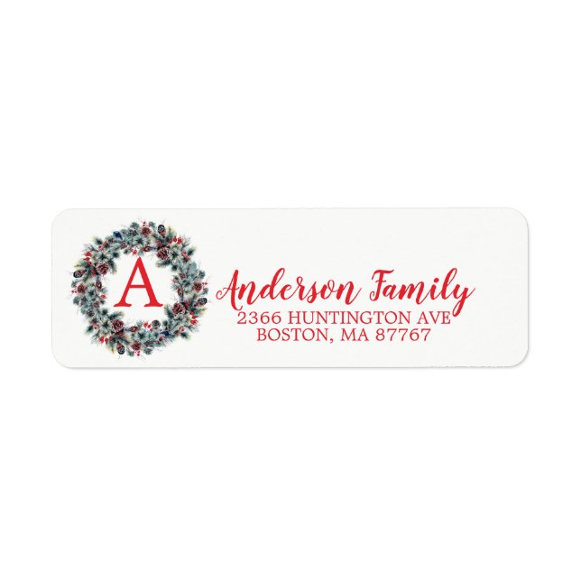 Pine Wreath Christmas Monogram Address Label (Front)