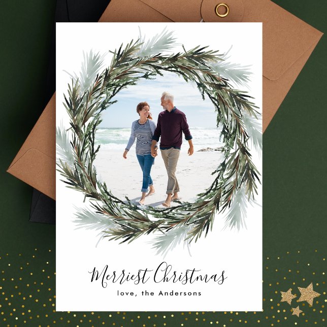 Pine Wreath Christmas One Photo Holiday Card (Creator Uploaded)