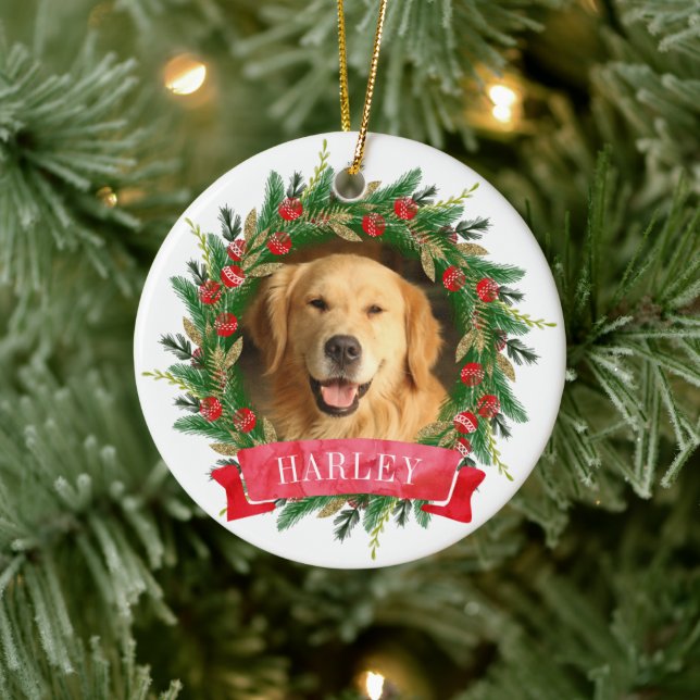 Pine Wreath Dog Photo Ceramic Tree Decoration (Tree)