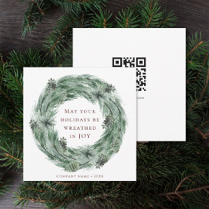 Pine Wreath Green & Red Holiday Card with QR Code