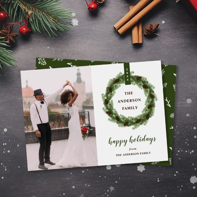 Pine Wreath Happy Holidays Photo Holiday Card (Creator Uploaded)