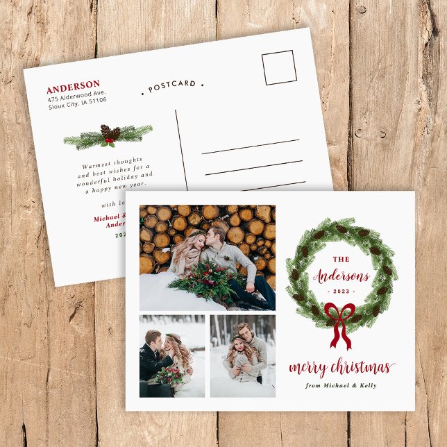 Pine Wreath Merry Christmas 3 Photo Holiday Postcard (Creator Uploaded)