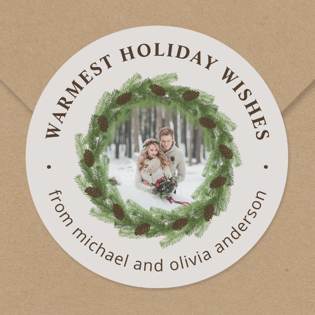 Pine Wreath Merry Christmas Circle Photo Classic Round Sticker (Creator Uploaded)