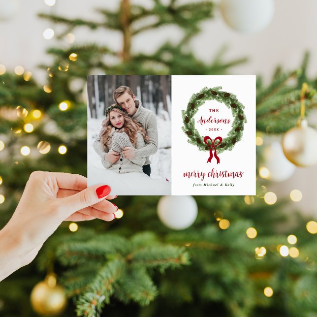 Pine Wreath Merry Christmas Magnetic Photo Card (Creator Uploaded)