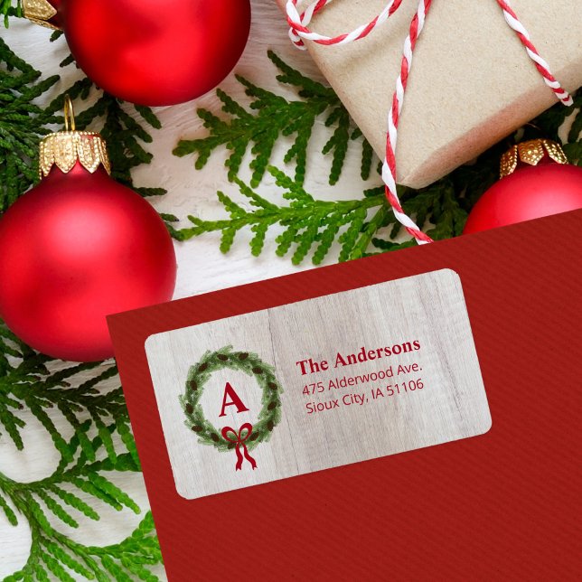 Pine Wreath Monogram Holiday Return Address Label (Creator Uploaded)