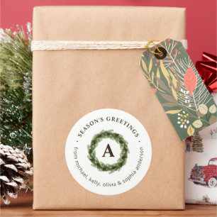 Pine Wreath Monogram Merry Christmas Classic Round Sticker