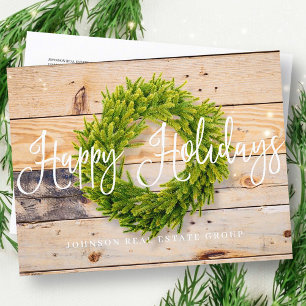 Pine Wreath on Wood Happy Holidays Greetings Holiday Postcard