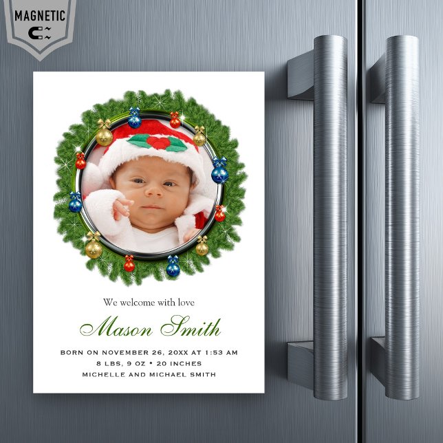 Pine Wreath Photo Christmas Birth Announcement (Creator Uploaded)