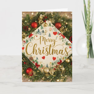 Pine Wreath Red Gold Ornament Christmas Card