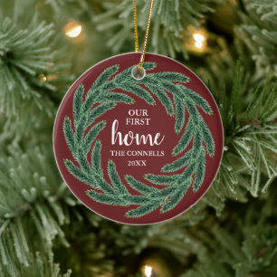Pine Wreath Red Green Personalised Our First Home Ceramic Tree Decoration