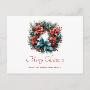 Pine Wreath with Holly Christmas Holiday Postcard