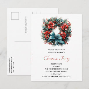 Pine Wreath with Holly Christmas Invitation Postcard