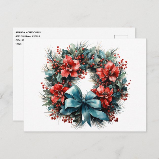 Pine Wreath with Holly Christmas Postcard (Front/Back)