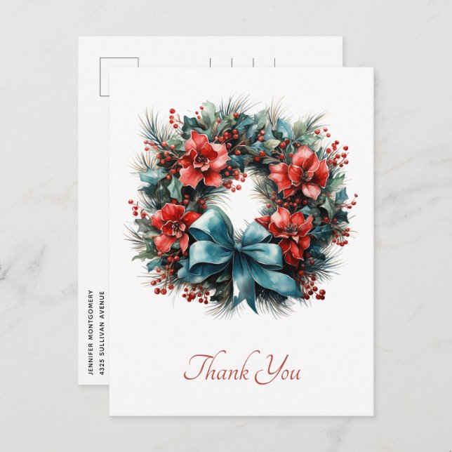 Pine Wreath with Holly Christmas Thank You Postcard (Front/Back)