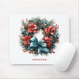 Pine Wreath with Holly Festive Christmas Mouse Pad