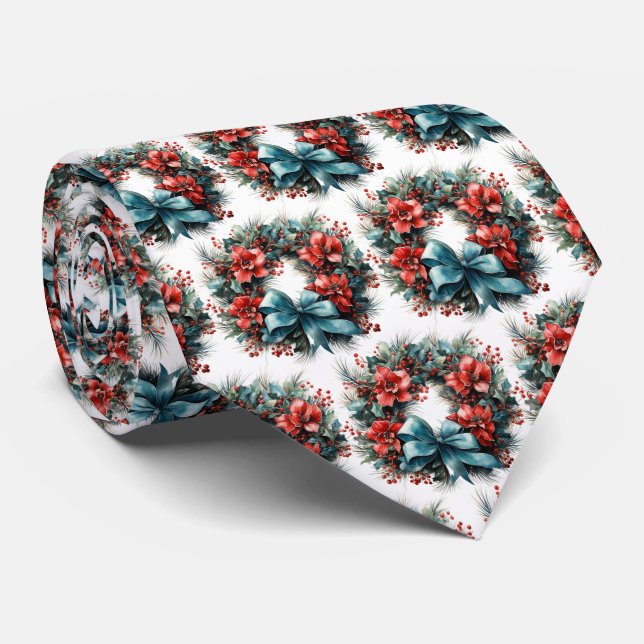 Pine Wreath with Holly Festive Christmas Pattern Tie (Rolled)