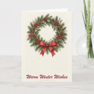 Pine Wreath with Red Bow Warm Winter Wishes Folded Card