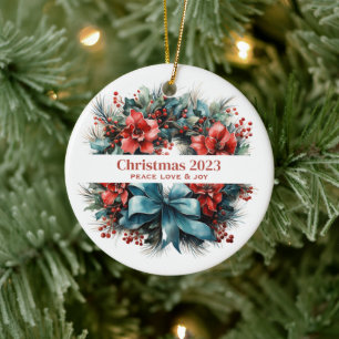 Pine Wreath with Red Flowers and Holly Ceramic Tree Decoration