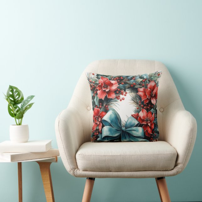 Pine Wreath with Red Flowers and Holly Cushion (Chair)