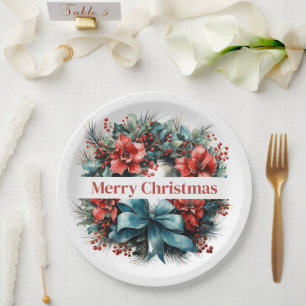 Pine Wreath with Red Flowers and Holly Paper Plate