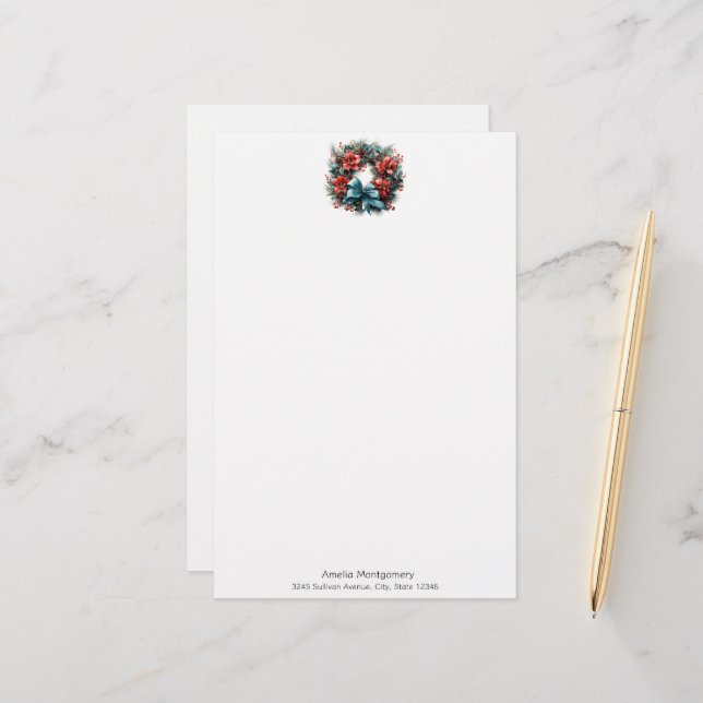 Pine Wreath with Red Flowers and Holly Stationery (Front/Back In Situ)