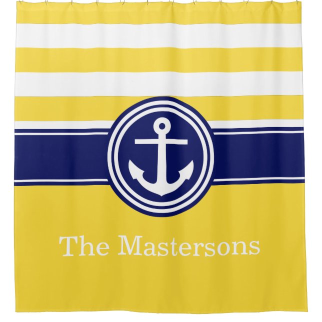 Pineapp Yellow Navy Blue Nautical Stripe Anchor CB Shower Curtain (Front)