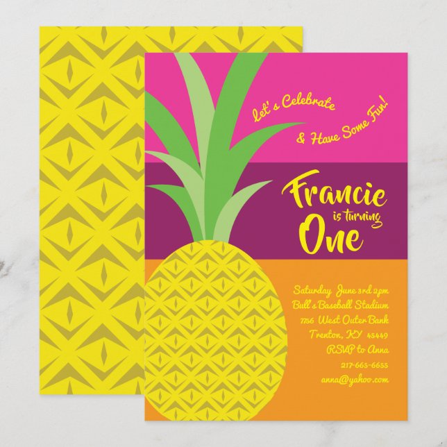 Pineapple 1st Birthday Cute Invitations (Front/Back)
