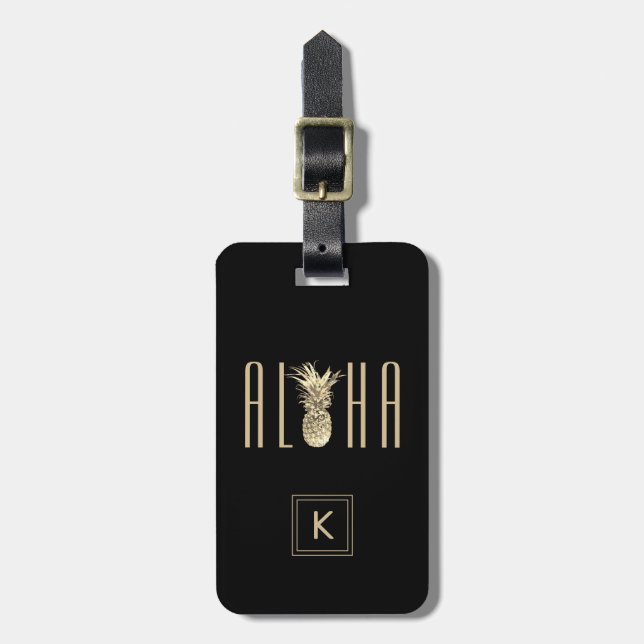 Pineapple Aloha Tropical Gold Monogram Black Luggage Tag (Front Vertical)