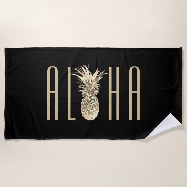 Pineapple Aloha Tropical Gold Typography Black Beach Towel (Front)
