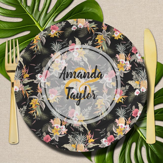 Pineapple and Flowers on Black Paper Plate (Wedding or bridal Shower floral black paper plates with pineapples)