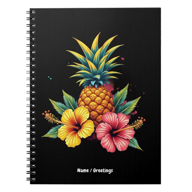 Pineapple and Hibiscus Floral Hawaii Summer Beach  Notebook (Front)