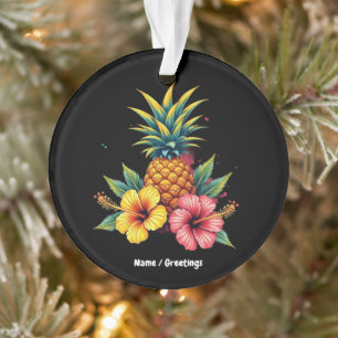 Pineapple and Hibiscus Floral Hawaii Summer Beach  Ornament