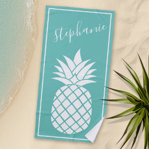 Pineapple and Whimsical aqua handwritten name Beach Towel
