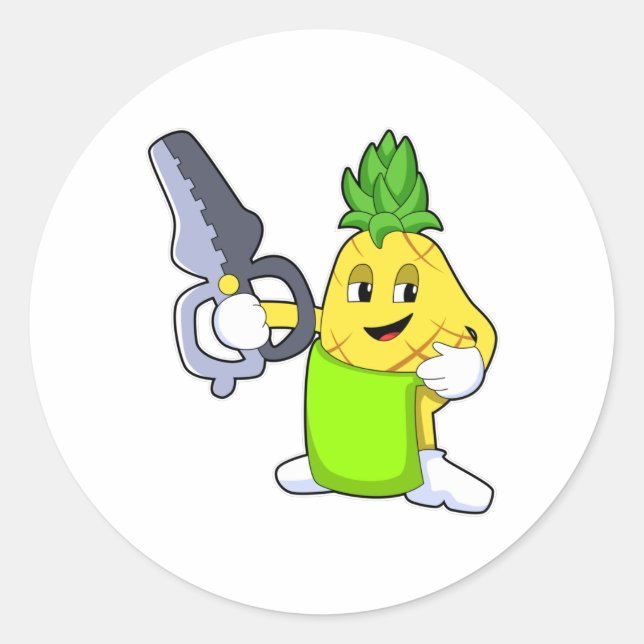 Pineapple as Hairdresser with Scissors & Razor Classic Round Sticker (Front)