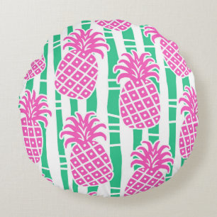Pineapple Bamboo Stripes Pink & Green Pattern Round Cushion