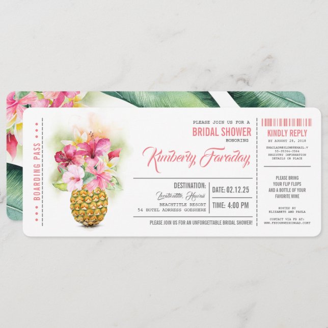 Pineapple Beach Boarding Pass Ticket Bridal Shower Invitation (Front/Back)