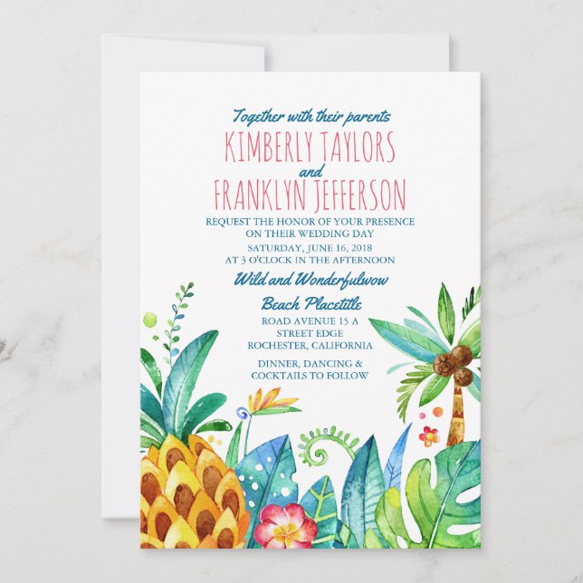 pineapple beach palms tropical wedding invitation (Front)