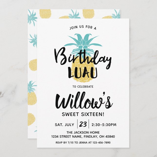 Pineapple Birthday Luau Party, Any Age Invitation (Front/Back)