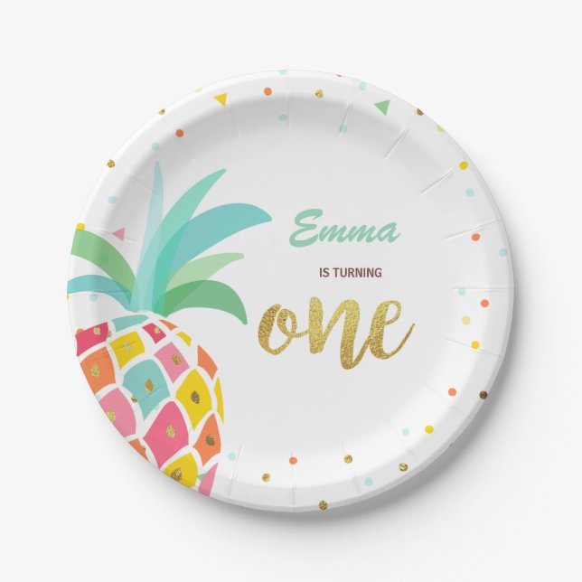 Pineapple Birthday Paper Plates Tropical Luau Gold (Front)