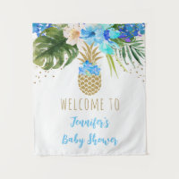 Pineapple Blue Gold Floral Baby Shower Backdrop