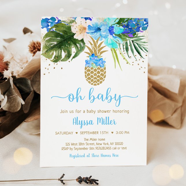 Pineapple Blue Gold Floral Oh Baby Shower Invitation (Creator Uploaded)