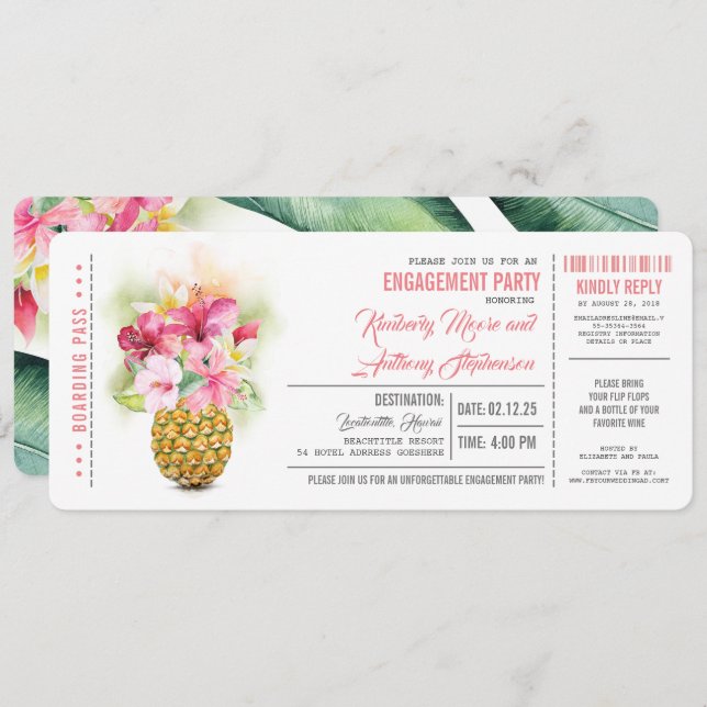 Pineapple Boarding Pass Ticket Engagement Party Invitation (Front/Back)